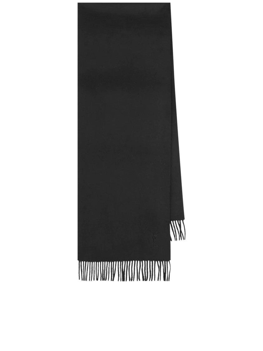 Saint Laurent Echarpe Solid Black Fringed Scarf
