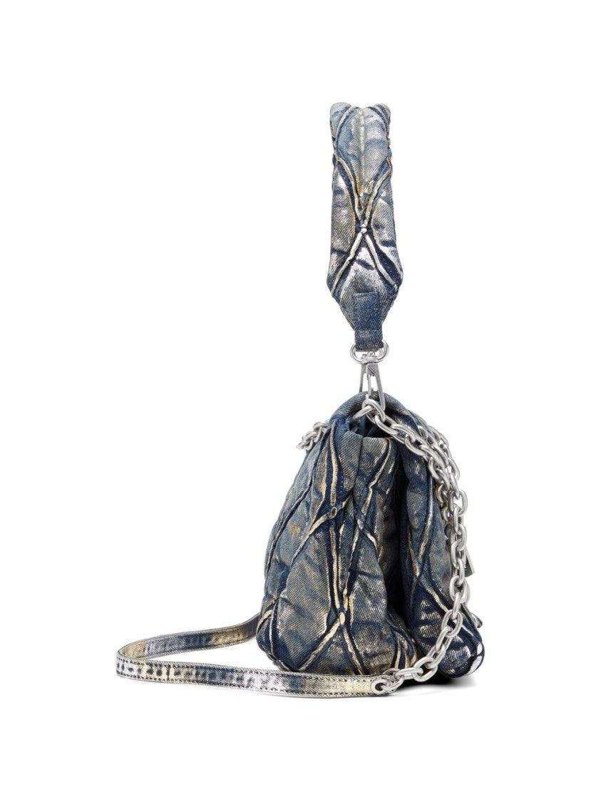 Diesel Quilted Metallic Handbag With Chain Detail And Padded Handle