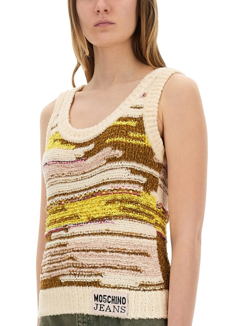 Moschino Textured Multicolor Knit Top With Artistic Stripes