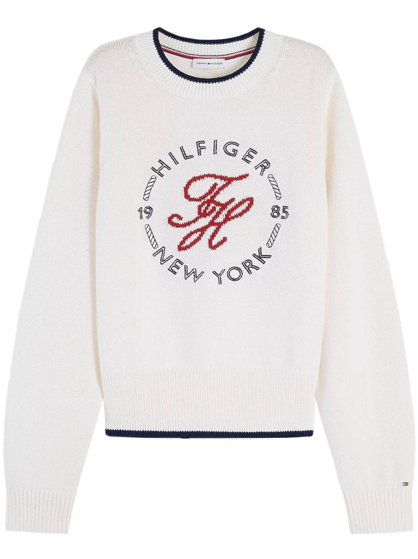 Tommy Hilfiger White Knit Embroidered Cropped Sweater