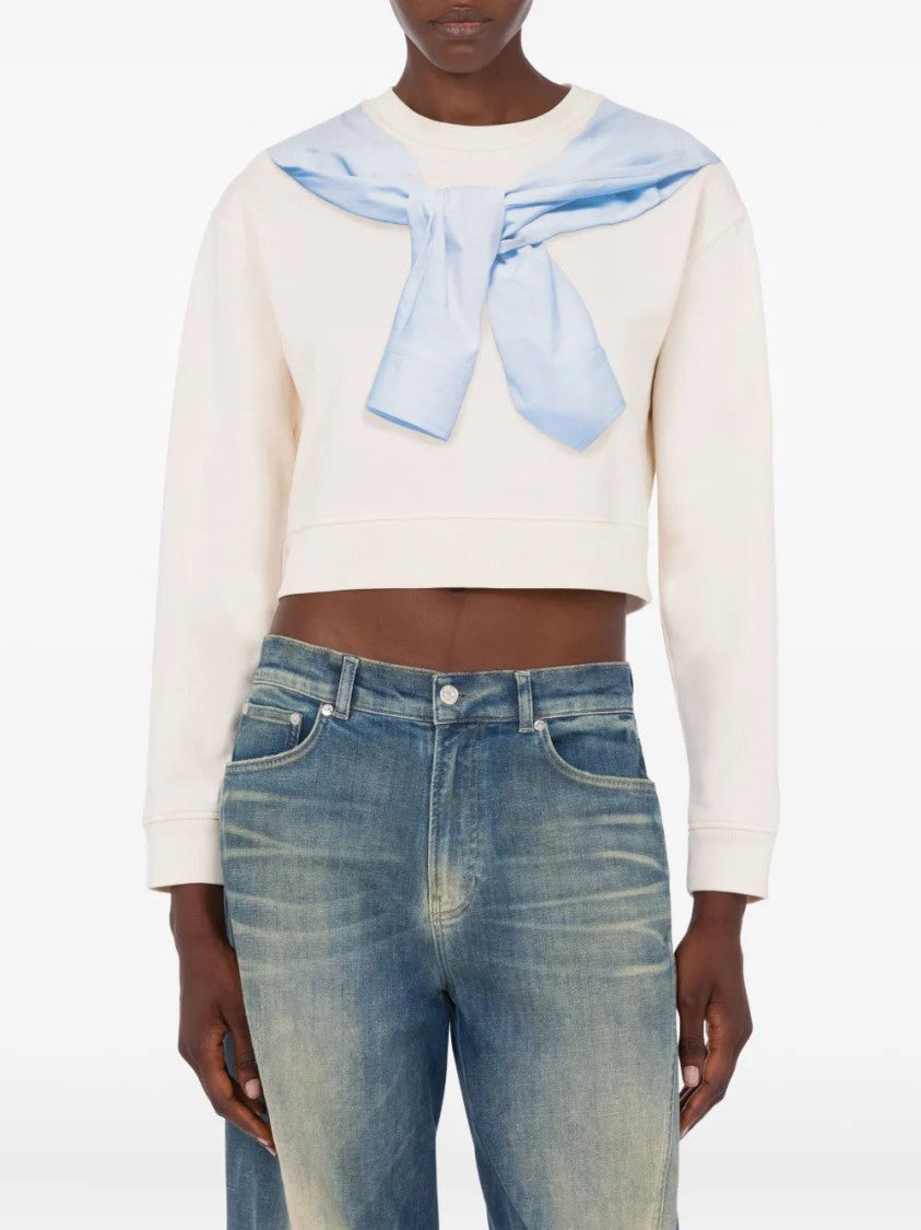 Moschino Cropped Light Beige Sweatshirt With Unique Tied Design