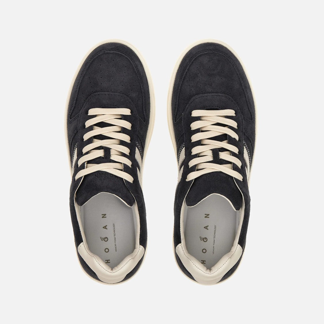 Hogan Lace-Up Navy Calfskin Shoes With Off-White Accents