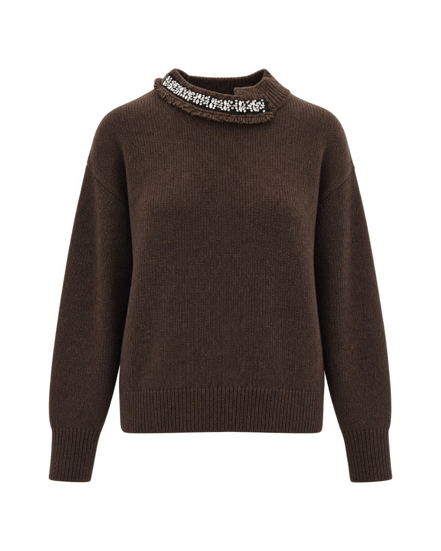 Liu Jo Brown Melange Rhinestone Ribbed Turtleneck Sweater