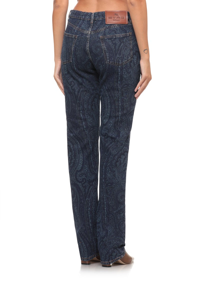 Etro Blue Dark Paisley Flared Cotton Denim Jeans