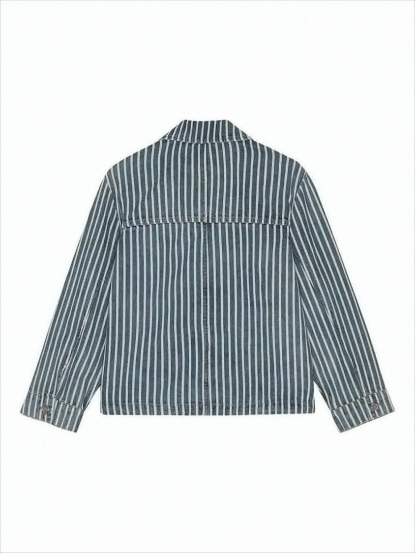 Ganni Cropped Denim Jacket With Vertical Stripes