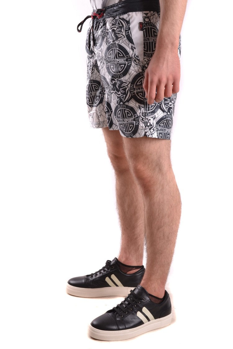 Plein Sport White Graphic Print Polyester Beach Shorts