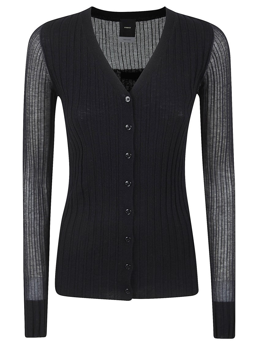 Pinko Ribbed Black Cardigan In Wool-Silk-Cashmere Blend