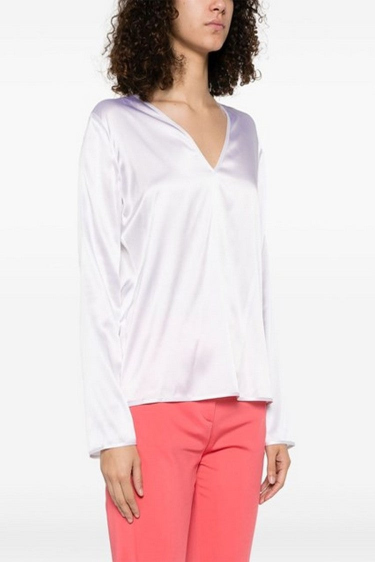 Pinko V-Neck Long Sleeve Silk-Elastan Blend Shirt