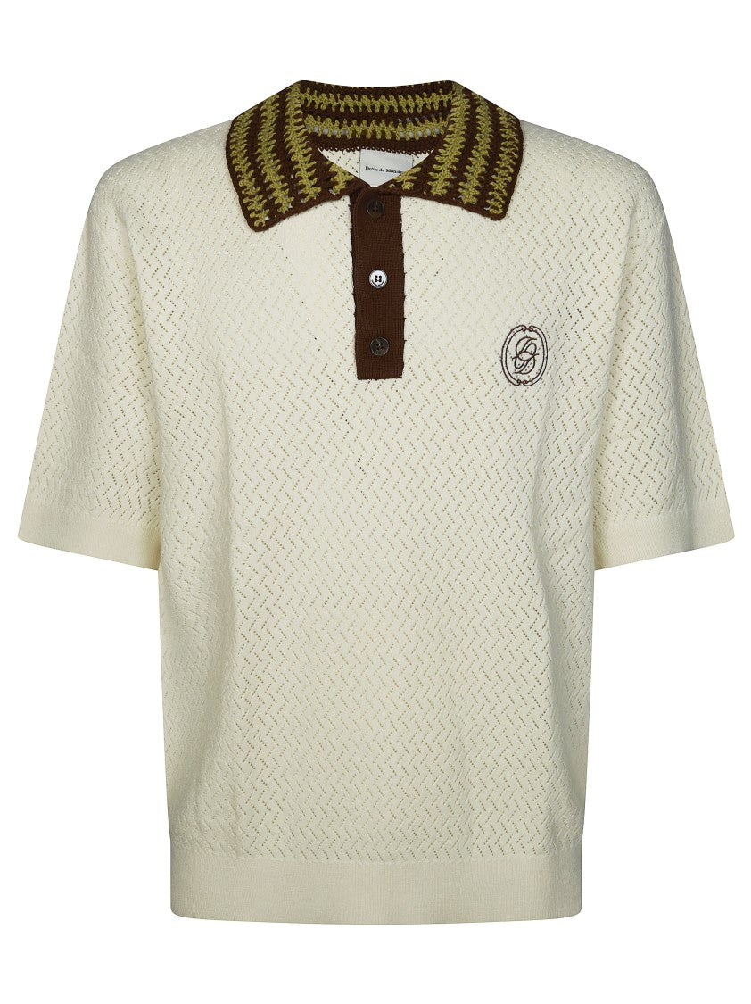 Drôle De Monsieur White Open Knit Striped Polo Shirt