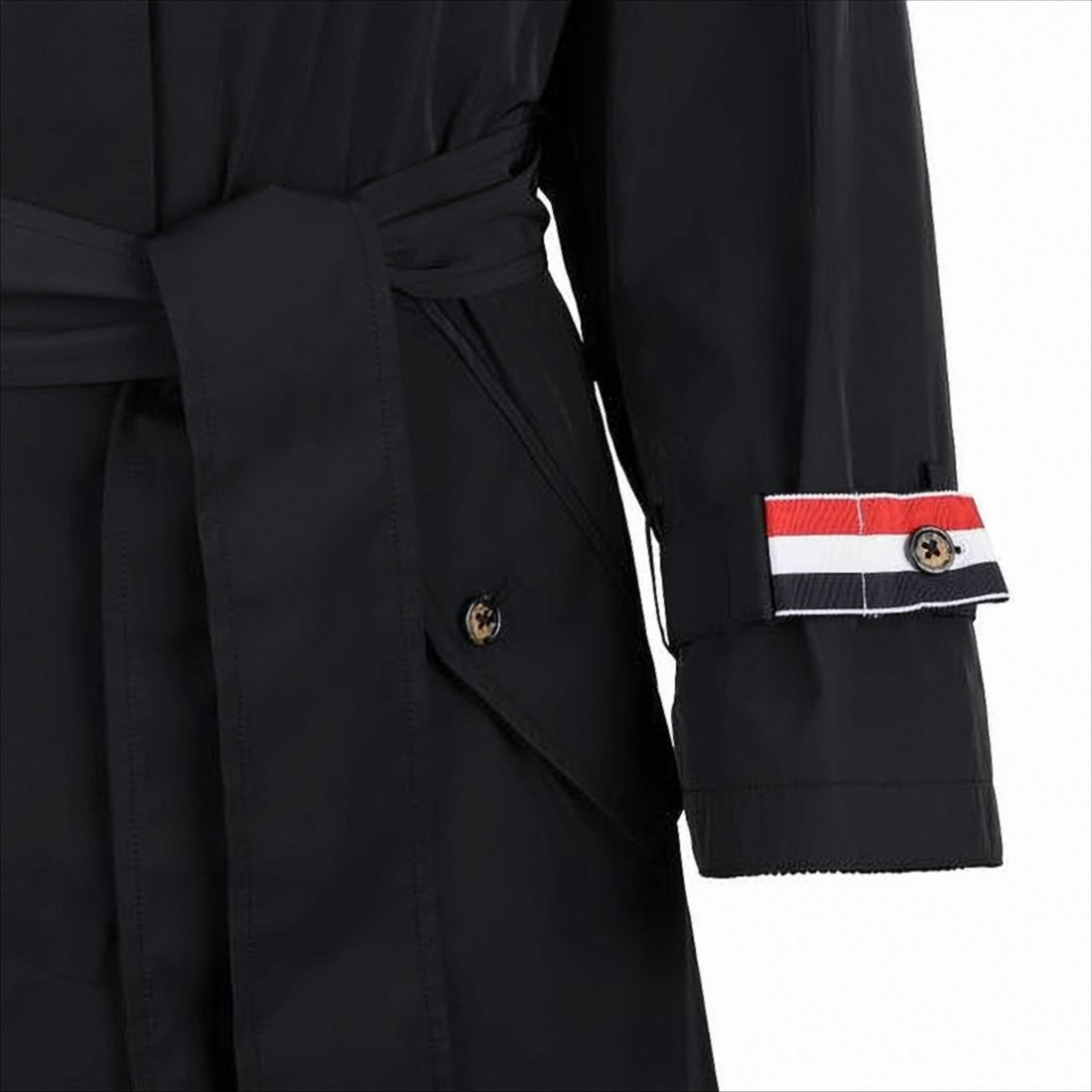 Thom Browne Classic Black Trench Coat With Belted Waist And Decorative Cuffs