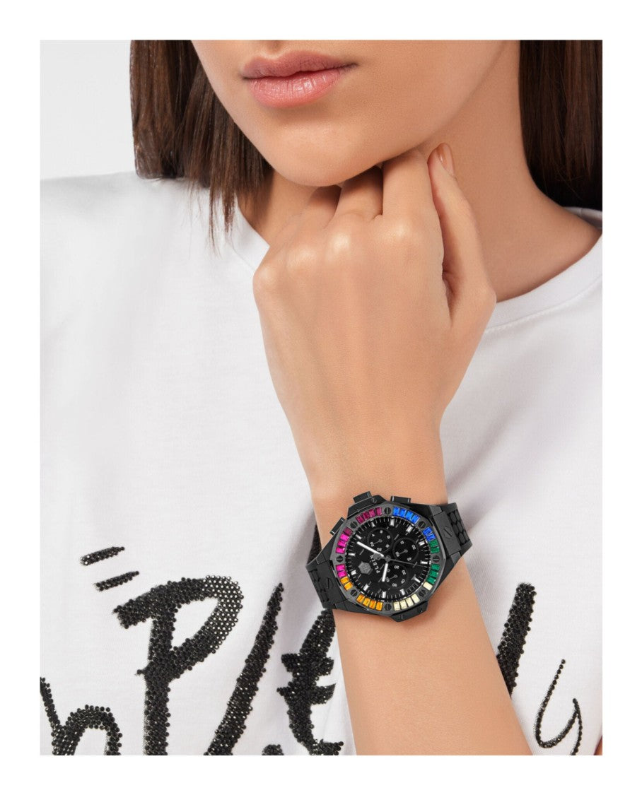 Philipp Plein Chronograph Quartz Silicone Watch With Black Guilloche Dial
