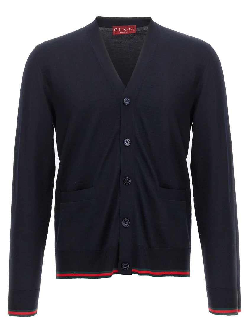 Gucci Web Ribbon Detail Cardigan In Fine Knitted Wool
