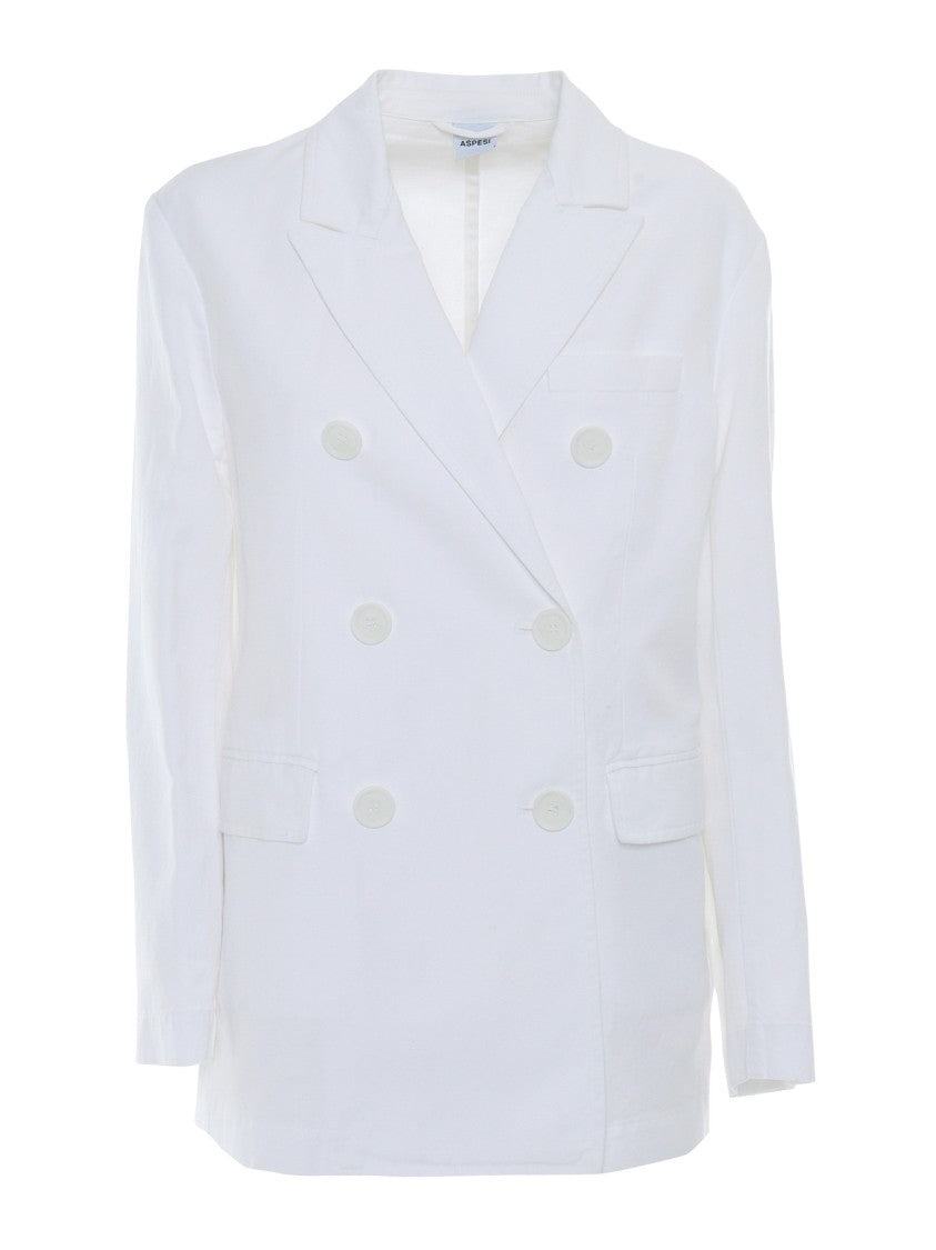 Aspesi Tailored White Double-Breasted Blazer With Notched Lapel
