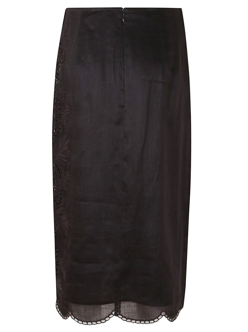 Max Mara Intricate Embroidered Black Midi Skirt With Scalloped Hem
