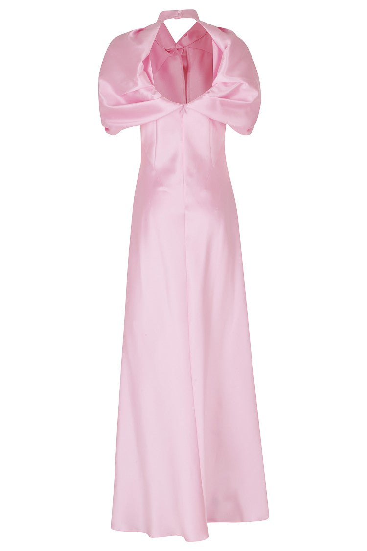 Alberta Ferretti Pink Mikado Tailored V-Neck Short Sleeve Silk-Blend Dress