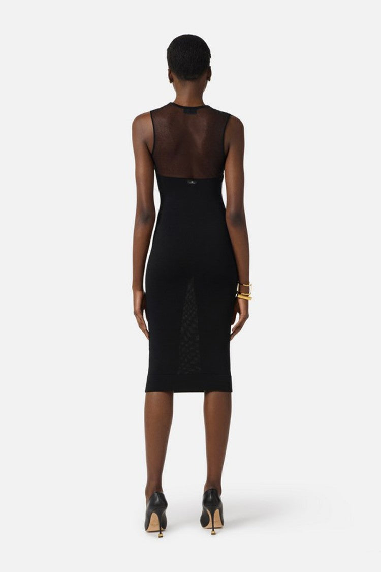 Elisabetta Franchi Black Sheer Mesh Yoke Ribbed Viscose-Blend Midi Dress