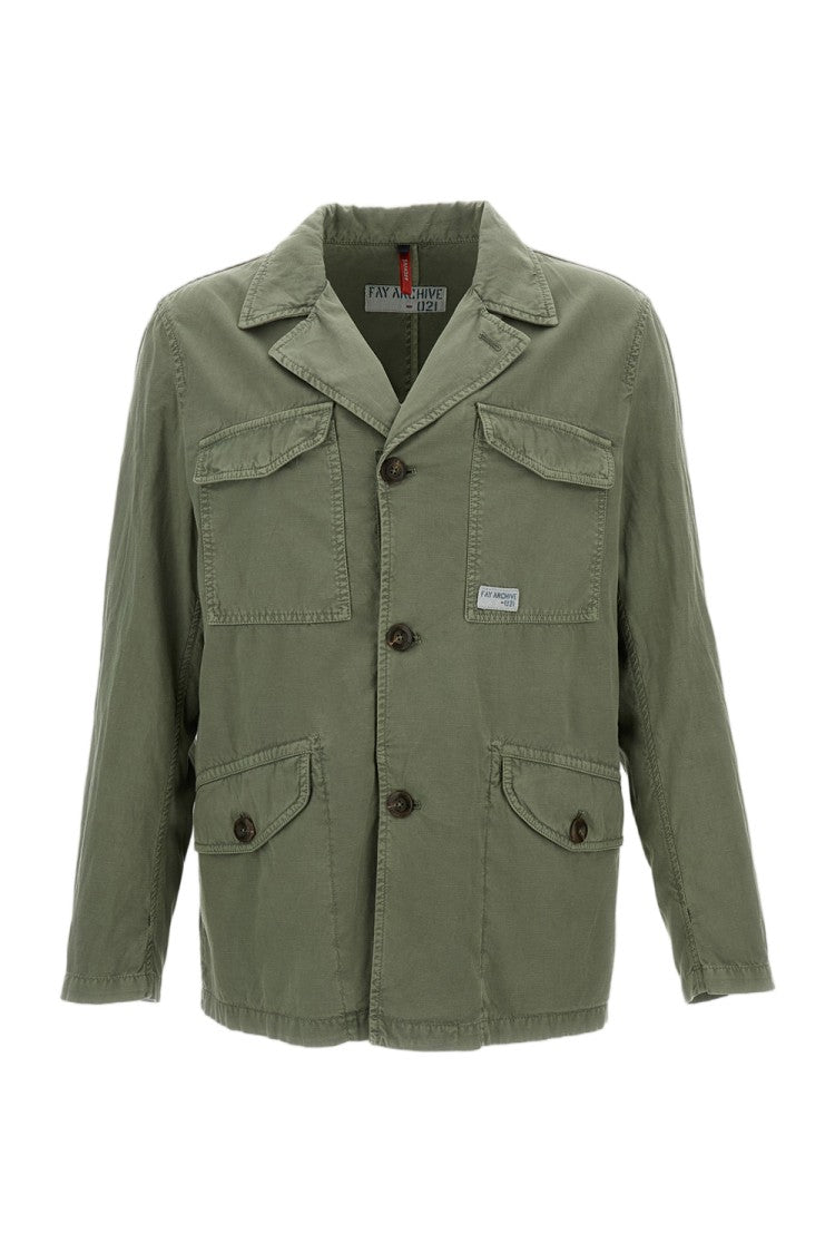 Fay Unlined Green Gabardine Jacket With Flap Pockets And Gusseted Elbows