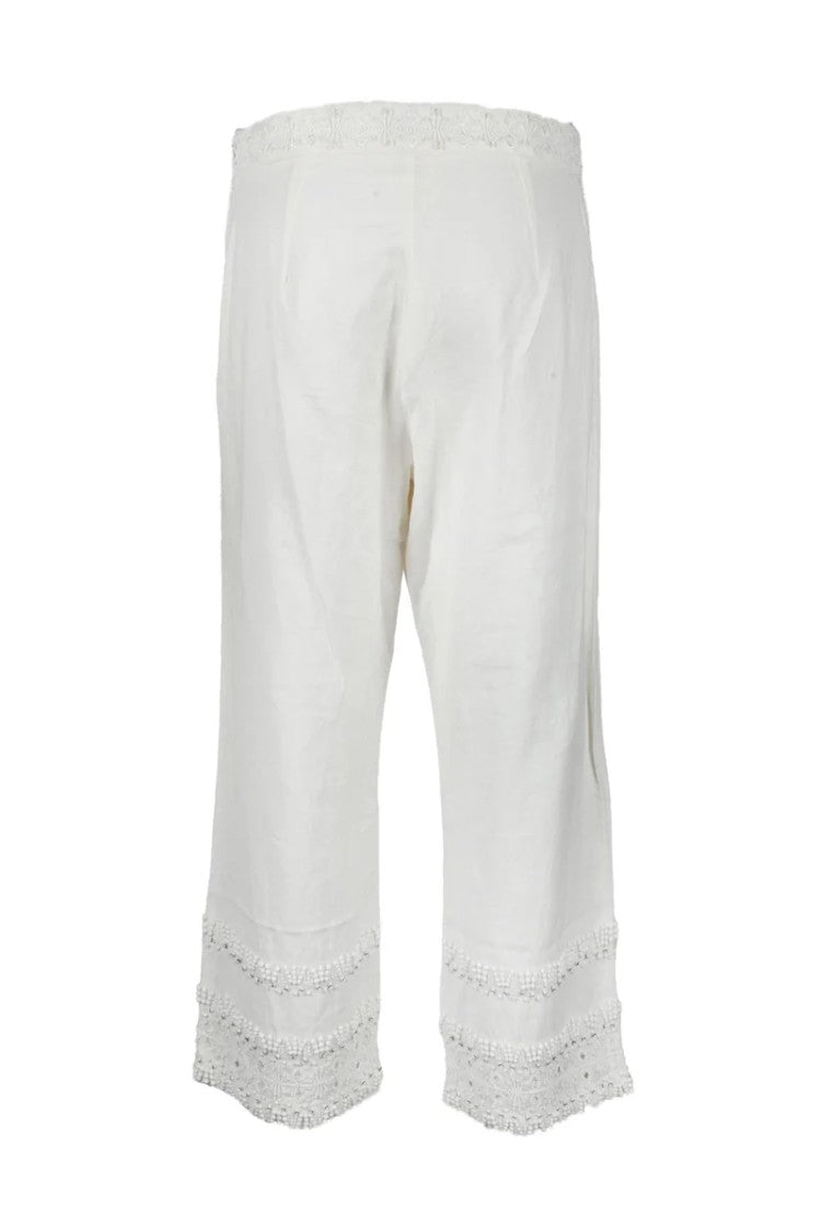 Twin-Set Cropped White Trousers With Fringe And Lace Detailing