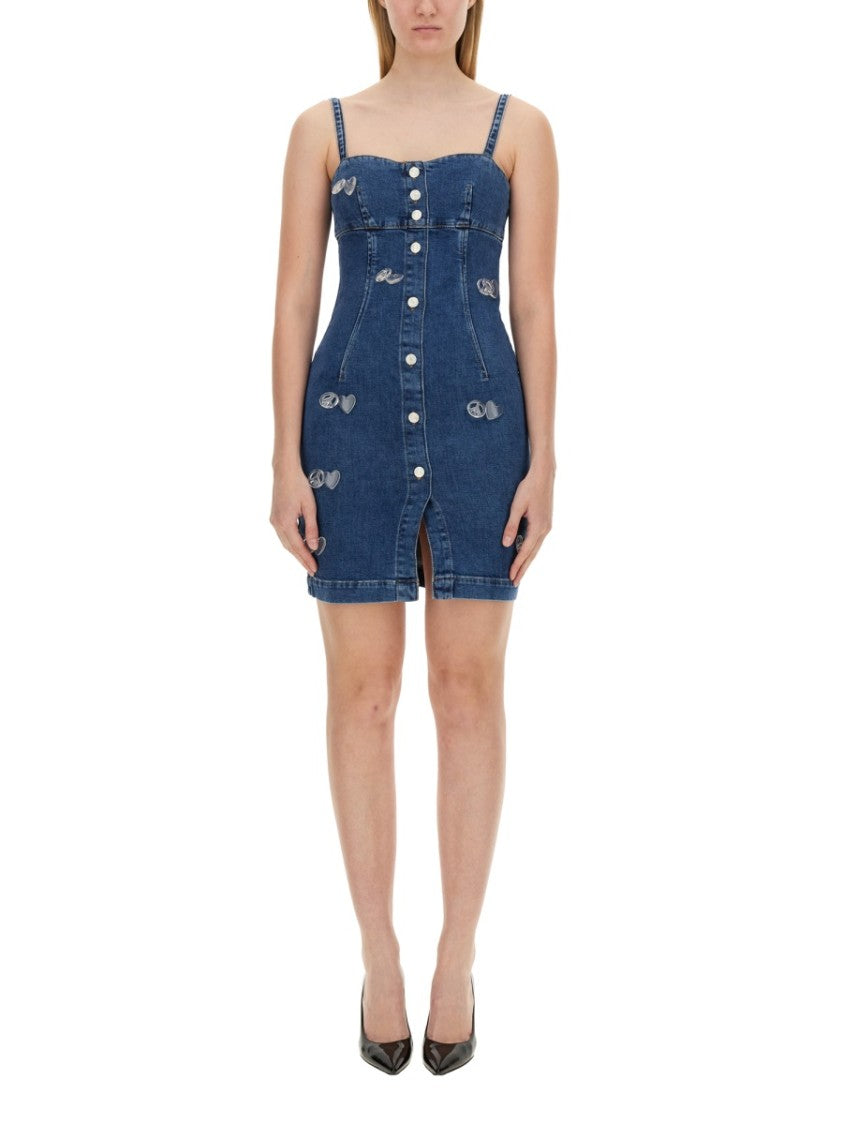 Moschino Fitted Denim Mini Dress With Sweetheart Neckline