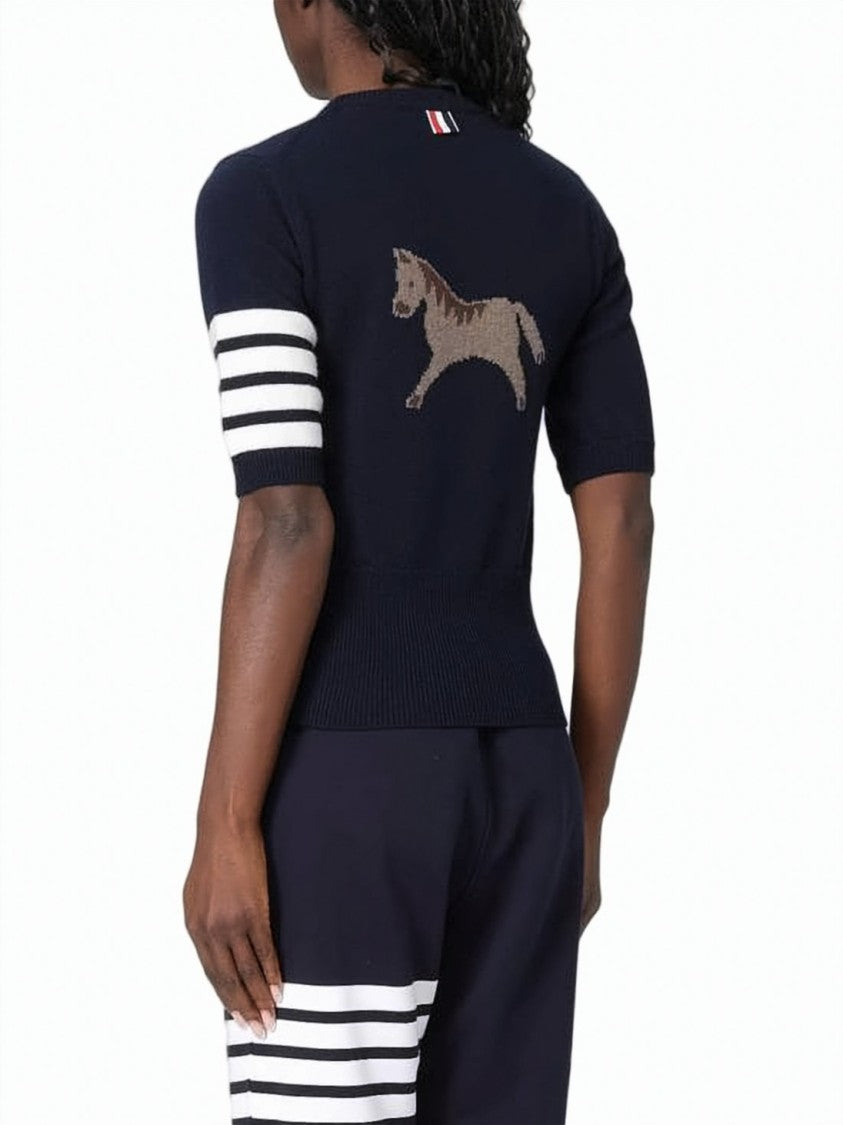 Thom Browne Fitted Short-Sleeved Knit Sweater With Horse Motif