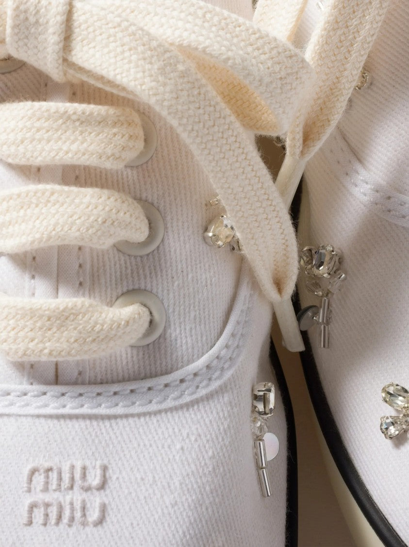 Miu Miu White Low-Profile Crystal-Embellished Canvas Sneakers