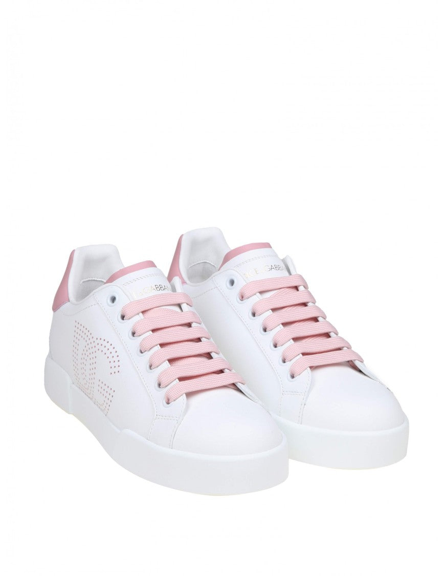 Dolce & Gabbana Portofino Light Sneakers In White And Pink Leather