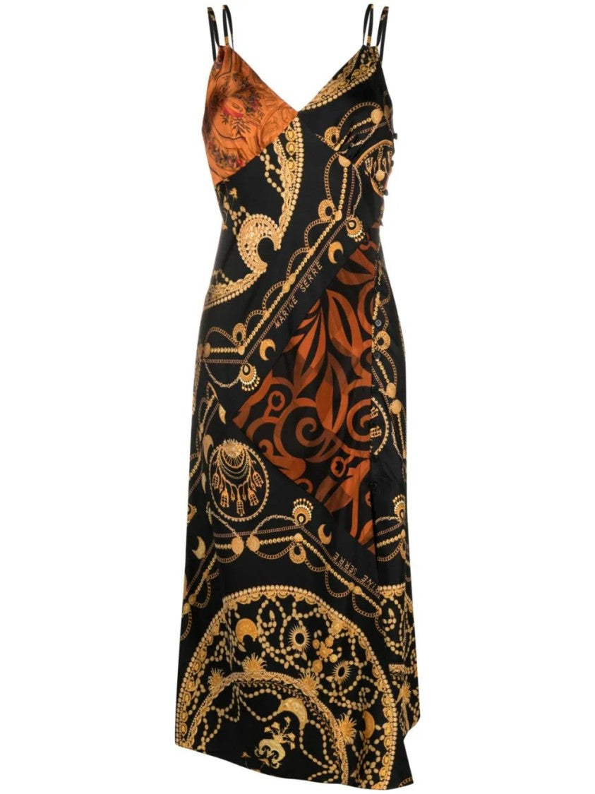 Marine Serre Black Silk Maxi Dress With Intricate Patterns