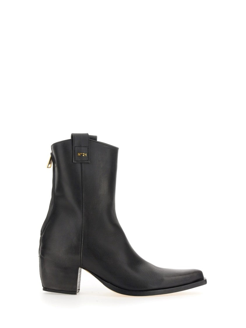 N°21 Pointed Toe Leather Boots With Block Heel