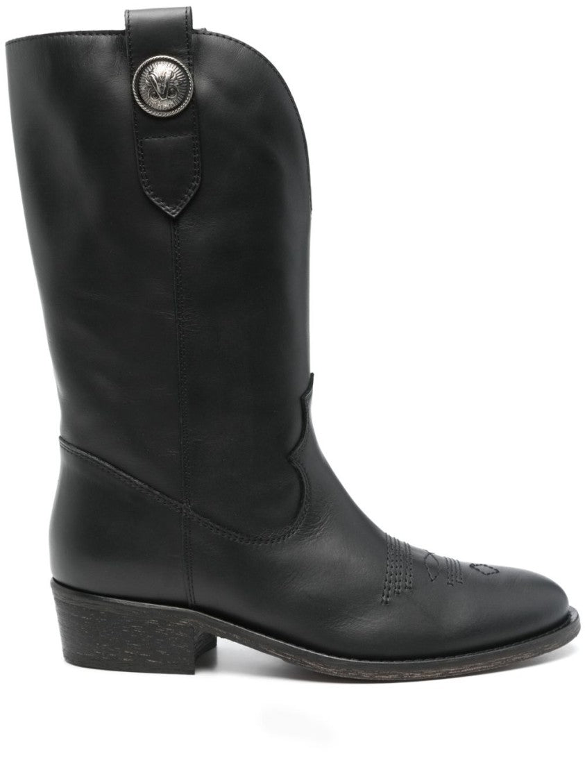 Via Roma 15 Black Leather Texan Ankle Boots