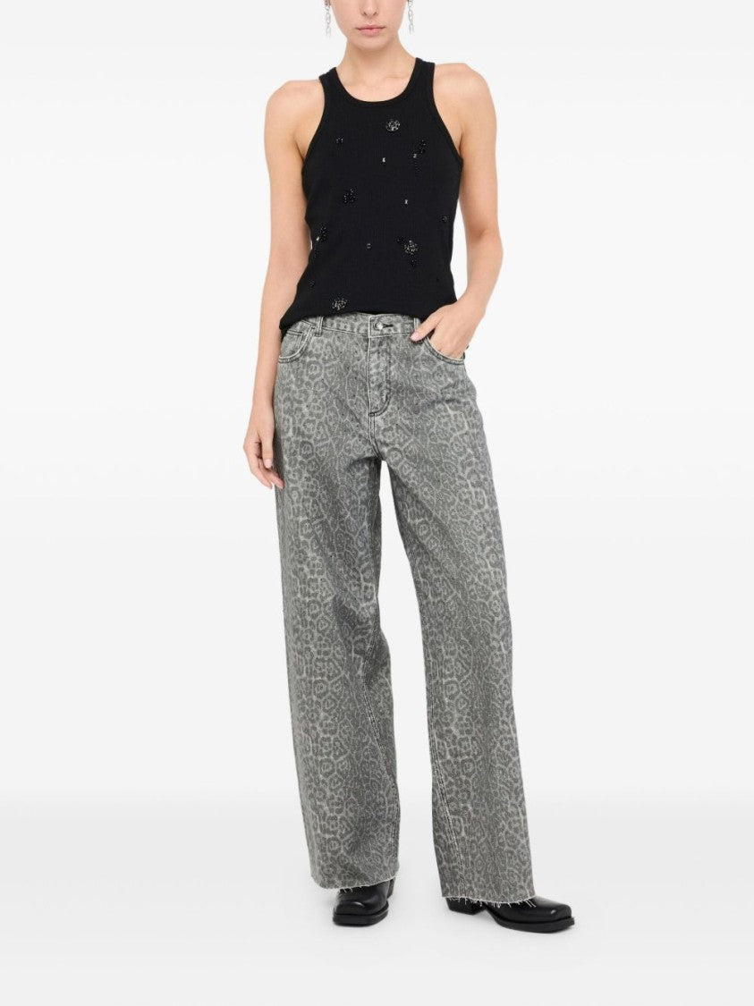 Liu Jo Wide-Leg Gray Trousers With Subtle Leopard Print