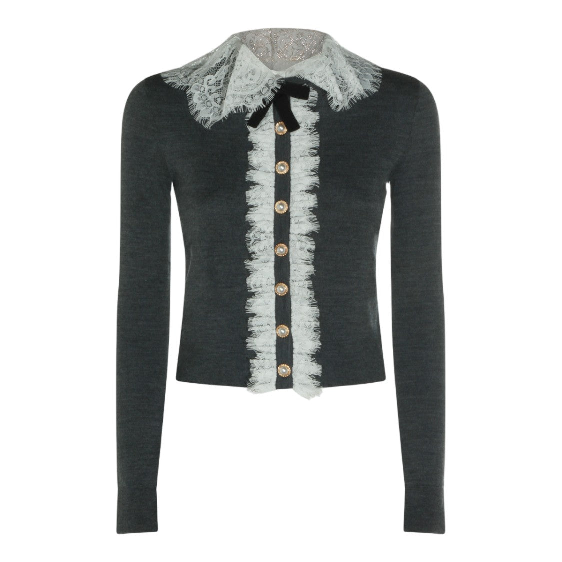Self-Portrait Fitted Black Sweater With Lace Accent And Pearl-Embellished Buttons