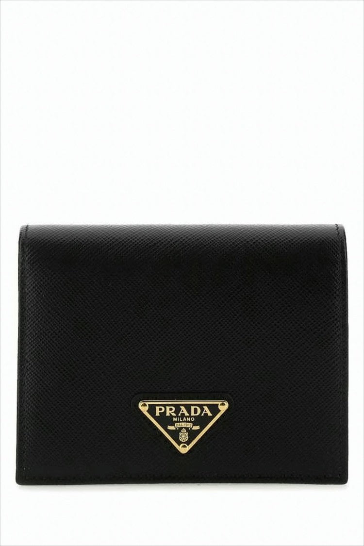 Prada Textured Black Wallet With Triangular Logo Plaque