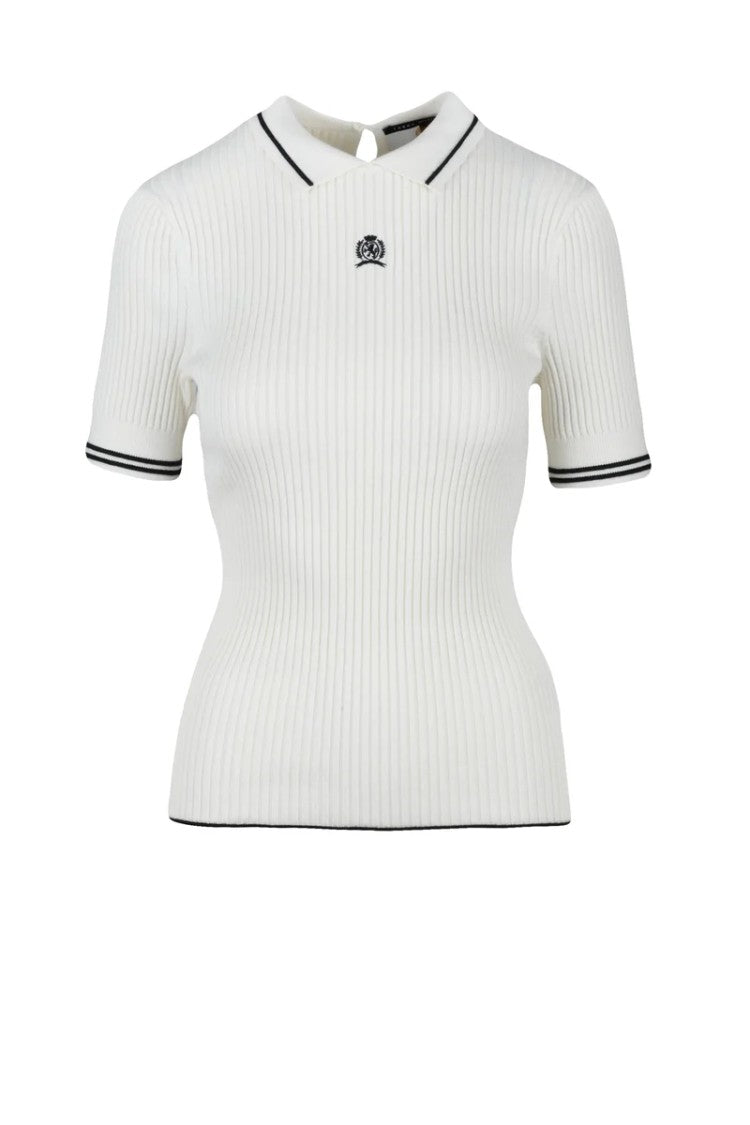 Tommy Hilfiger Beige Ribbed Knit Cotton Viscose Polyamide Silk Top