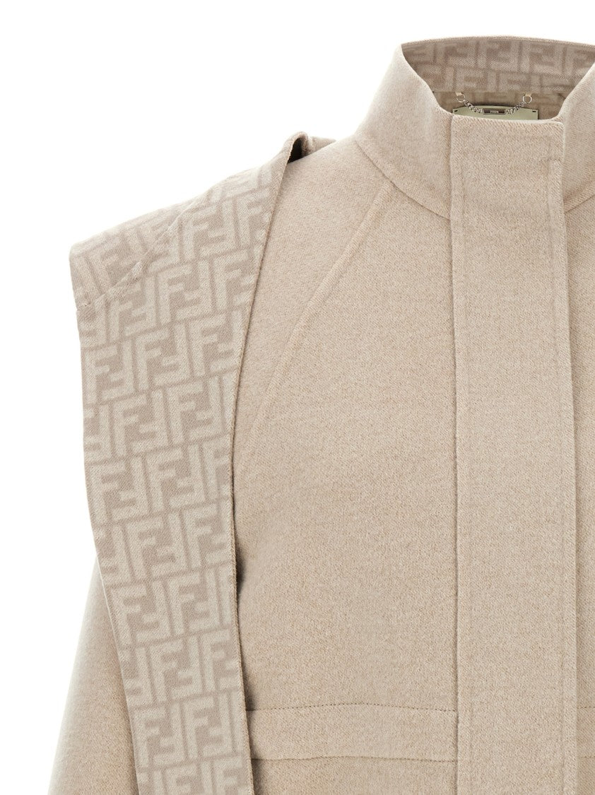 Fendi Beige Wool Parka With Removable Stole And Ff Monogram