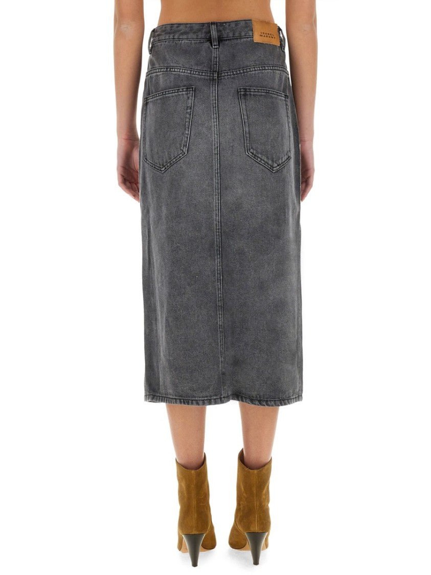 Isabel Marant A-Line Grey Midi Skirt With Faded Denim Look