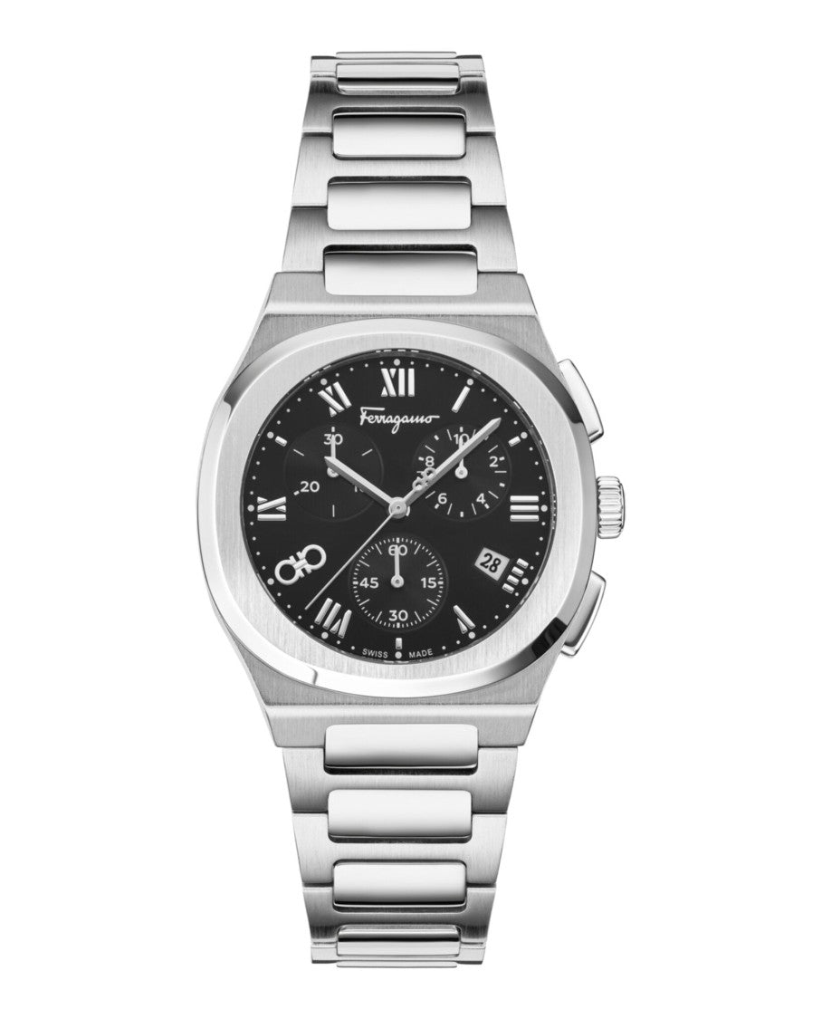 Ferragamo Elliptical Chronograph Watch With 38Mm Stainless Steel Case And Black Sunray Dial