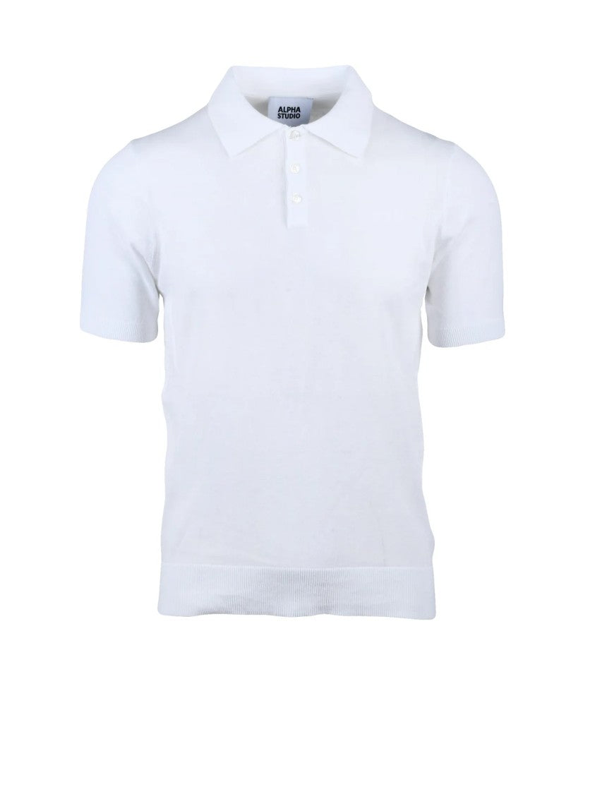 Alpha Studio White Cotton Knit Polo