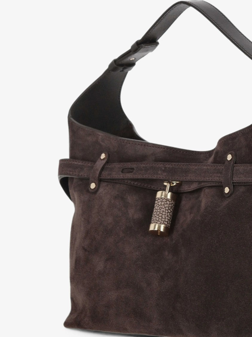 Borbonese Dark Brown Suede Hobo Bag With Gold-Tone Padlock Detail