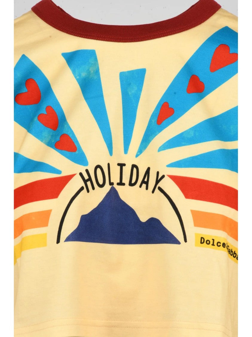Dolce & Gabbana Cream Cropped Bold Graphic Print Cotton T-Shirt