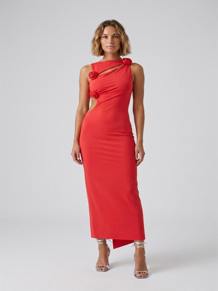 Coperni Red Floral Cut-Out Asymmetrical Maxi Dress