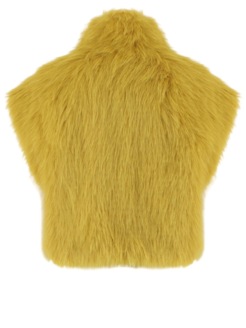 Pinko Cropped Mustard Yellow Faux Fur Jacket With High Neckline