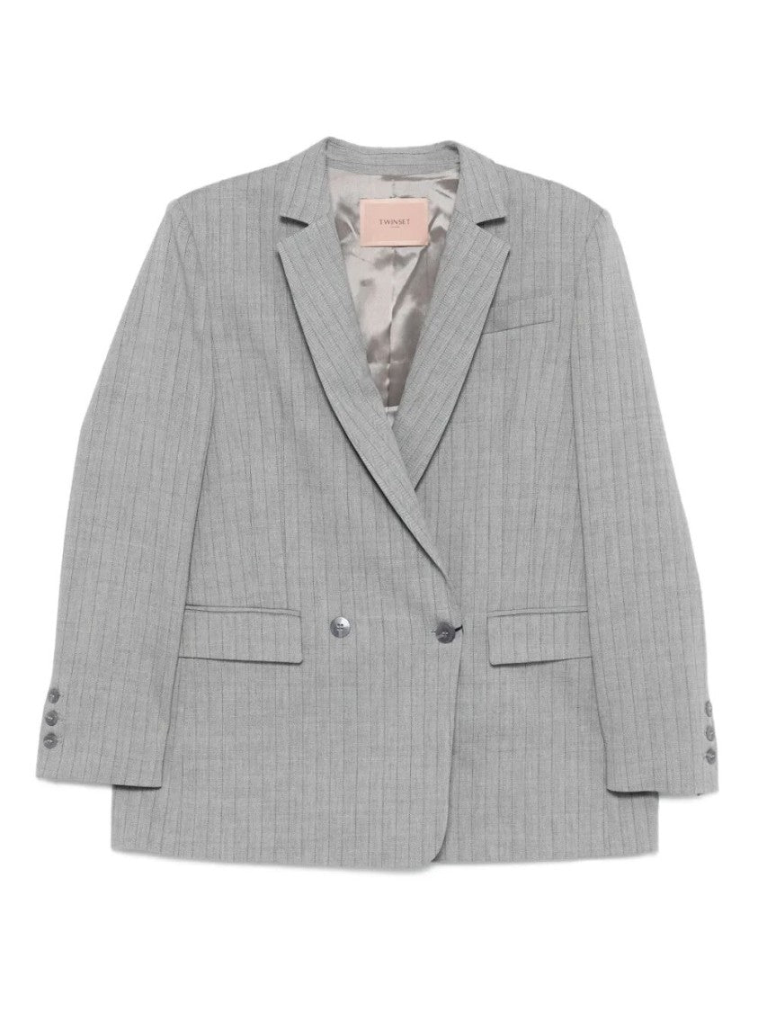 Twin-Set Double-Breasted Pinstripe Blazer With Structured Shoulders