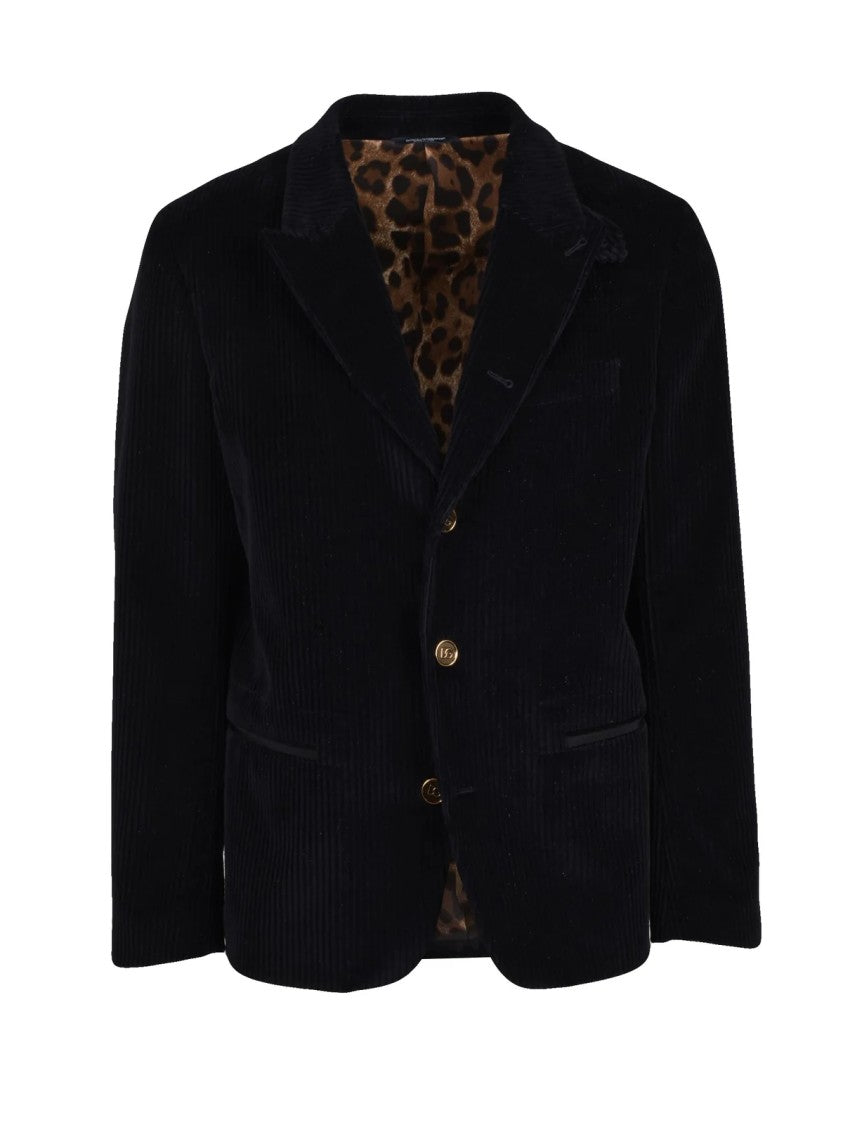 Dolce & Gabbana Corduroy Jacket With Notched Lapel And Leopard Print Lining