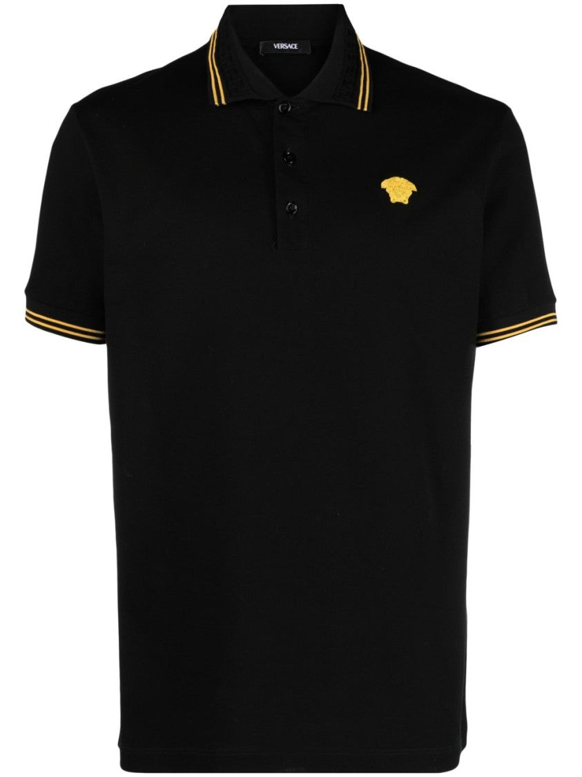 Versace Medusa Head Motif Black Piqué Polo Shirt