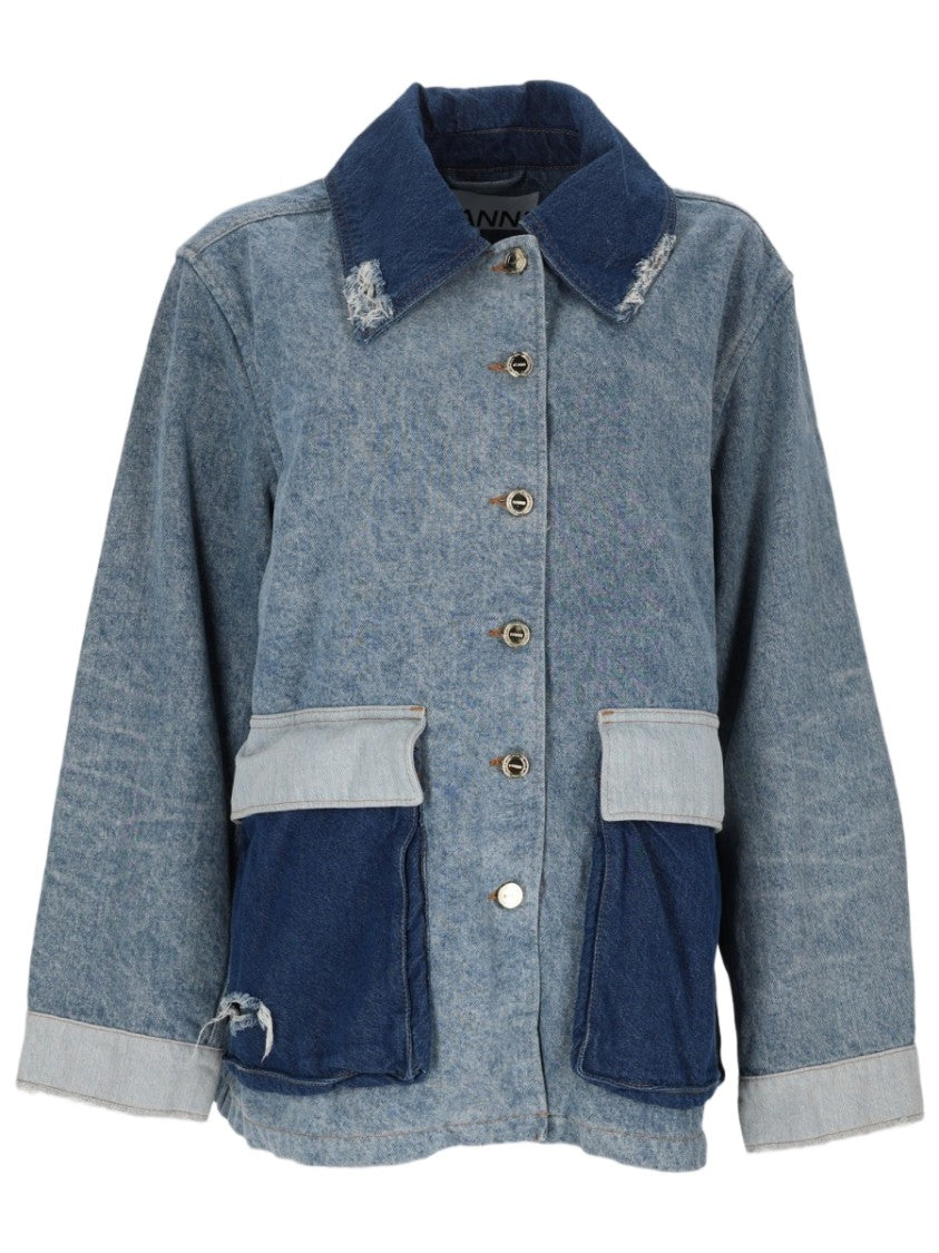 Ganni Patchwork Denim Jacket With Classic Collar And Flap Pockets