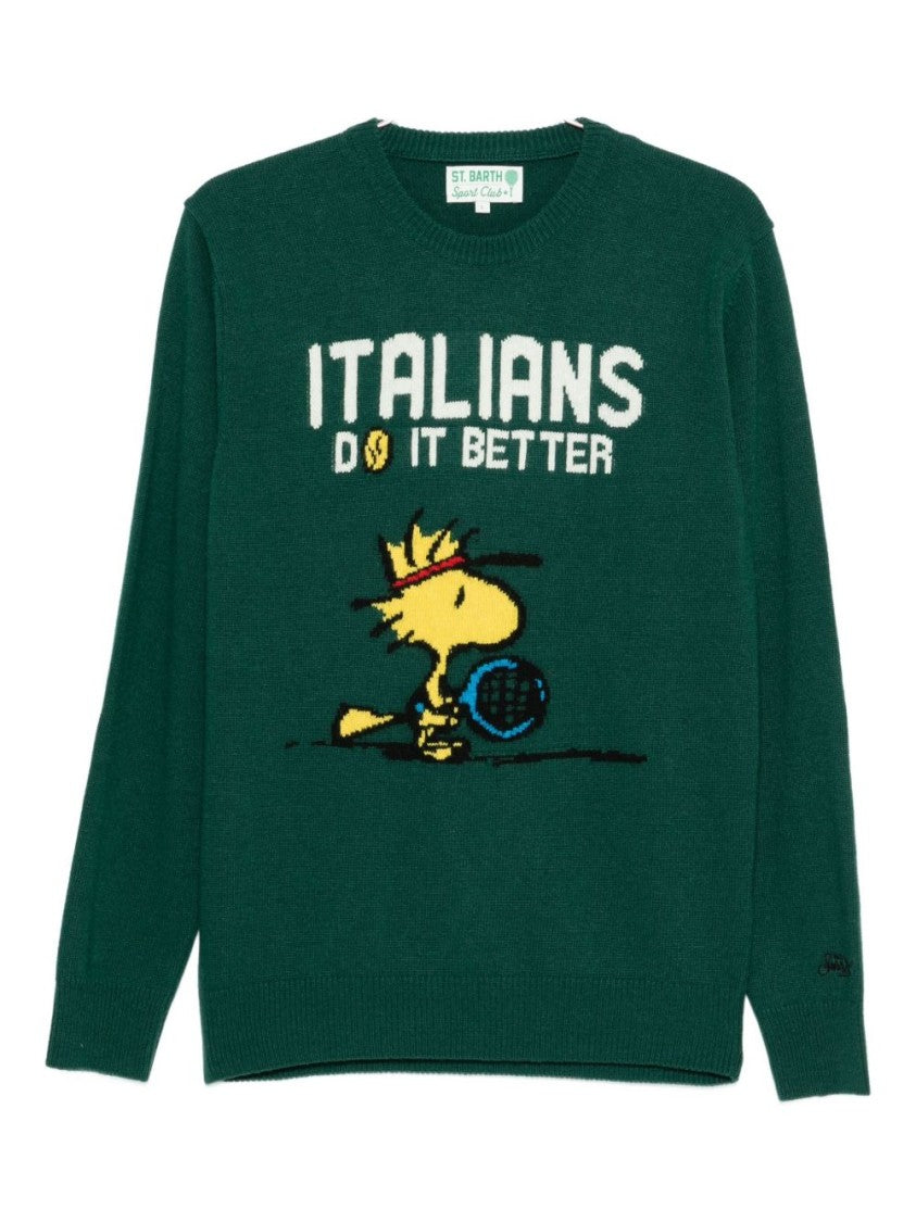 Mc2 Saint Barth Green Wool-Cashmere Sweatshirt With Playful Graphic