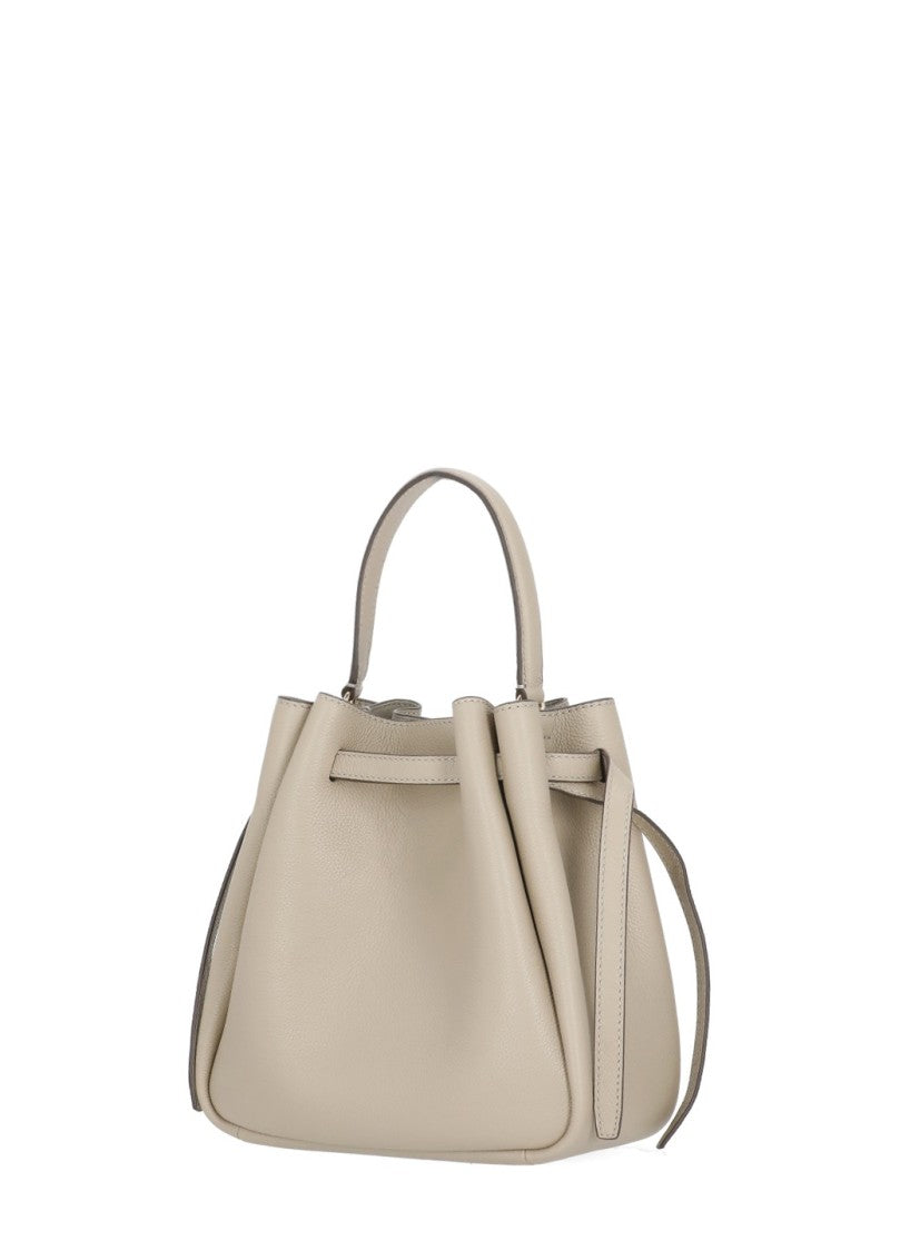 Tory Burch Beige Gold Logo Leather Bucket Bag
