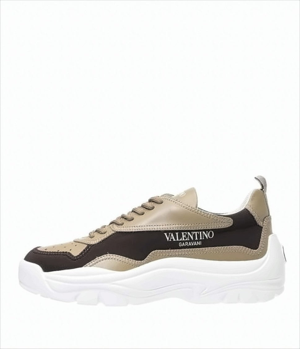 Valentino Garavani Contemporary Brown Leather And Fabric Sneakers