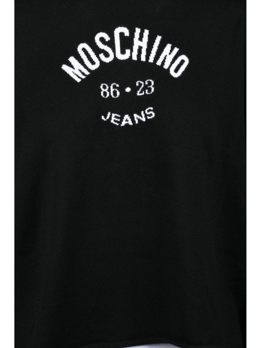 Mo5ch1no Jeans Relaxed Fit Black Virgin Wool Crew Neck Sweater