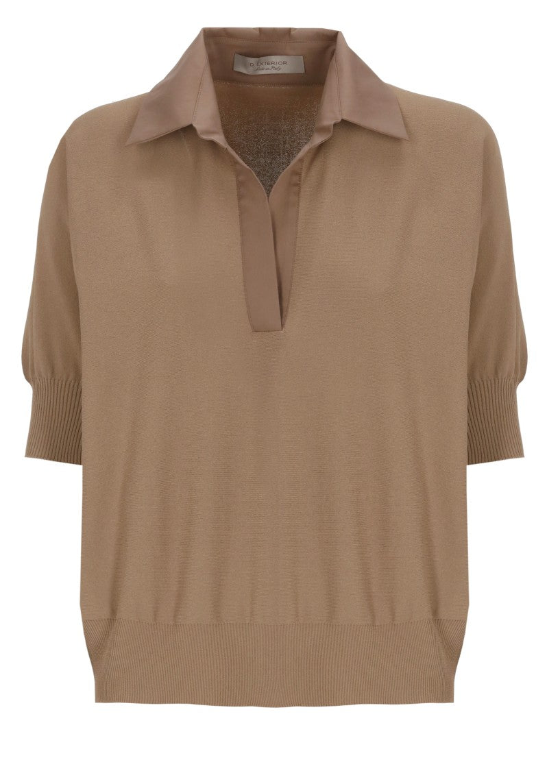 D. Exterior Brown V-Neck Viscose Polo Shirt